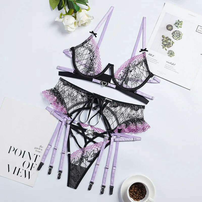 KIMLUD, Ellolace Fancy Lingerie Porn Underwear Uncensored Luxury Lace Transparent Bra Ruffle Garters Thongs 3-Piece Sexy Fine Intimate, Black Purple / S, KIMLUD APPAREL - Womens Clothes