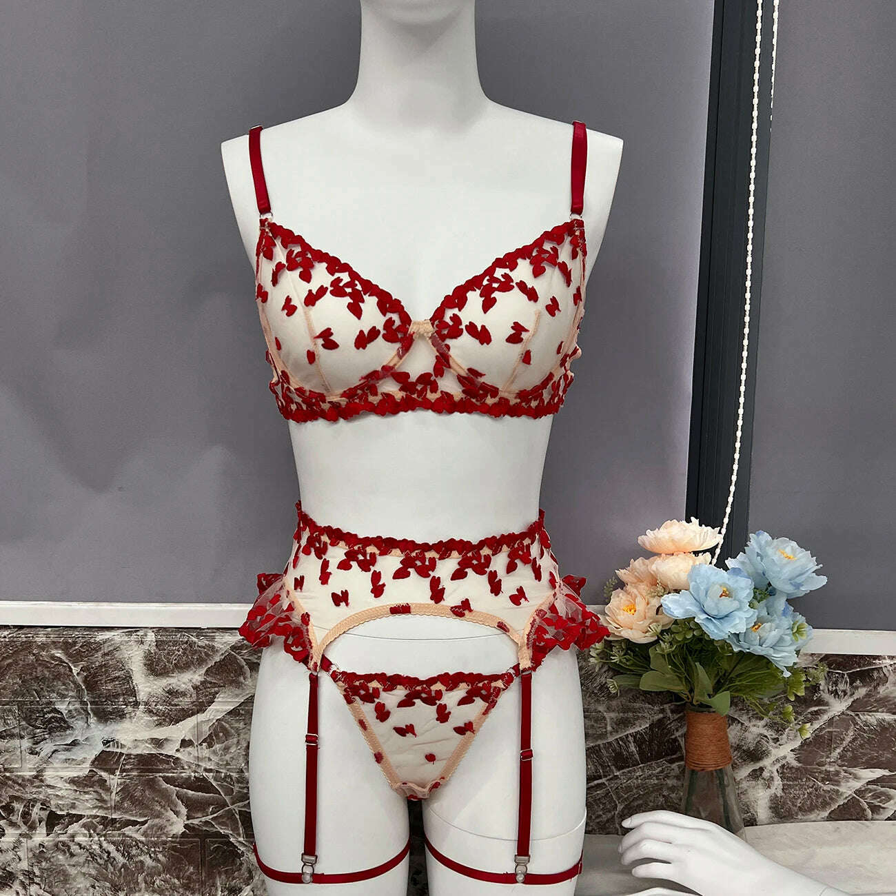 Ellolace Heart Sensual Lingerie Sheer Lace Embroidery Fancy Underwear 4-Piece Ruffle Sissy Intim Goods Delicate Sexy Outfits - KIMLUD