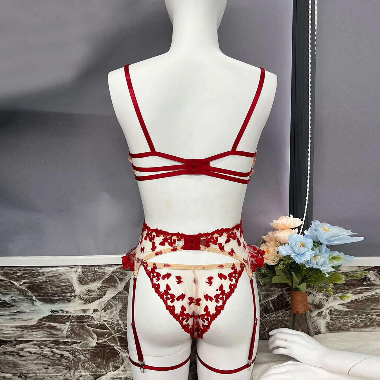 Ellolace Heart Sensual Lingerie Sheer Lace Embroidery Fancy Underwear 4-Piece Ruffle Sissy Intim Goods Delicate Sexy Outfits - KIMLUD