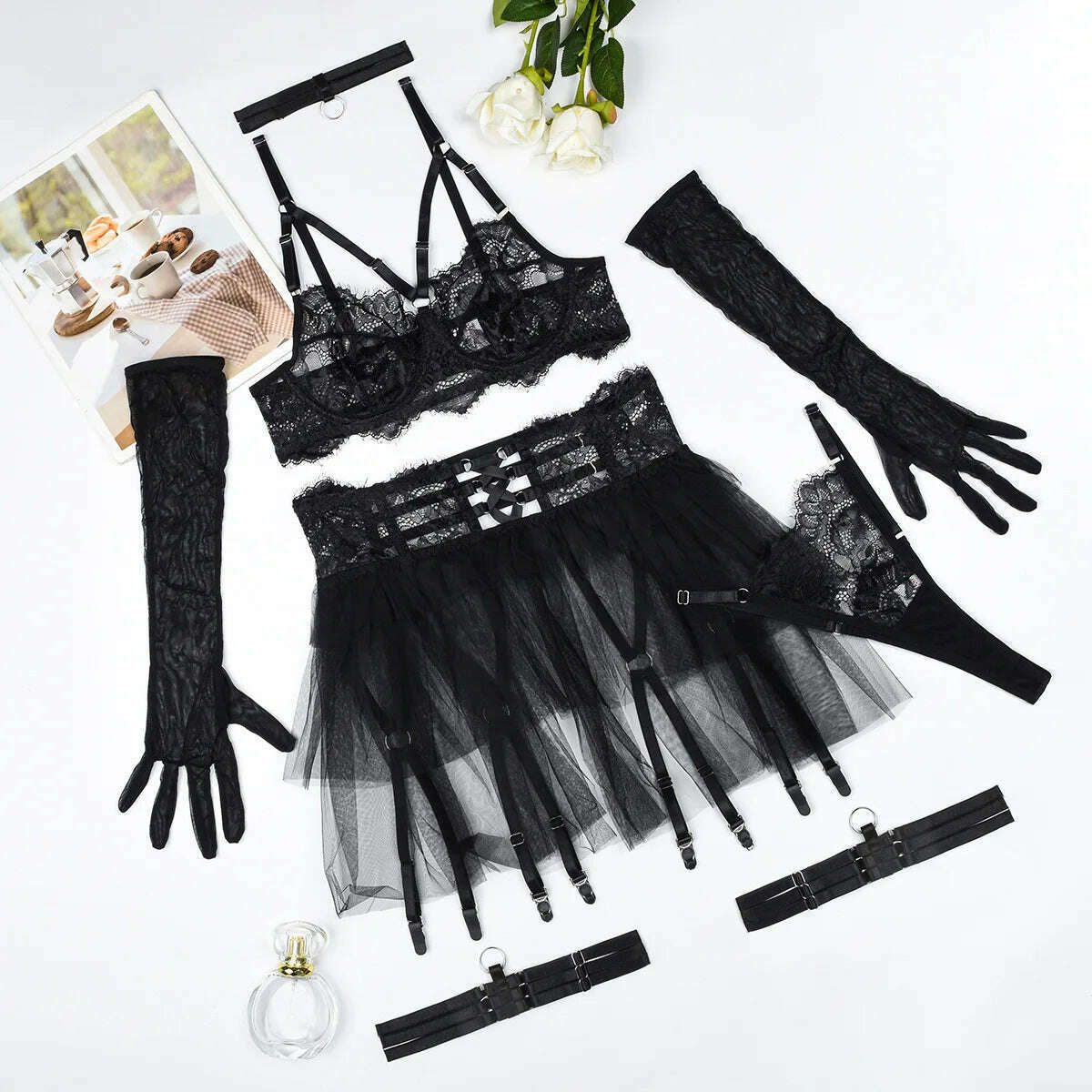 KIMLUD, Ellolace Lace Lingerie With Long Gloves See Through Bra Ruffle Suspenders Fantasy Underwear Sexiest Fancy Erotic Outfits, Black / L, KIMLUD APPAREL - Womens Clothes