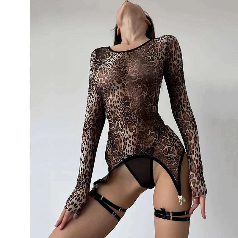 KIMLUD, Ellolace Leopard Body Suit Sexy Animal Print Bodycon Tops Tight Long Sleeve Fantasy Bodysuit Lace Kinky Sissy Outfit 2023, Leopard / S, KIMLUD APPAREL - Womens Clothes