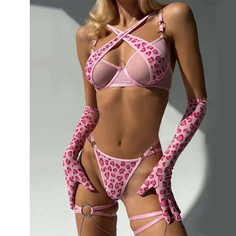 Ellolace Leopard Lingerie Cross Bra Push Up Intimate See Through Lace Hot Girl Underwear Romantic Loving Heart Gloves Stocking - KIMLUD