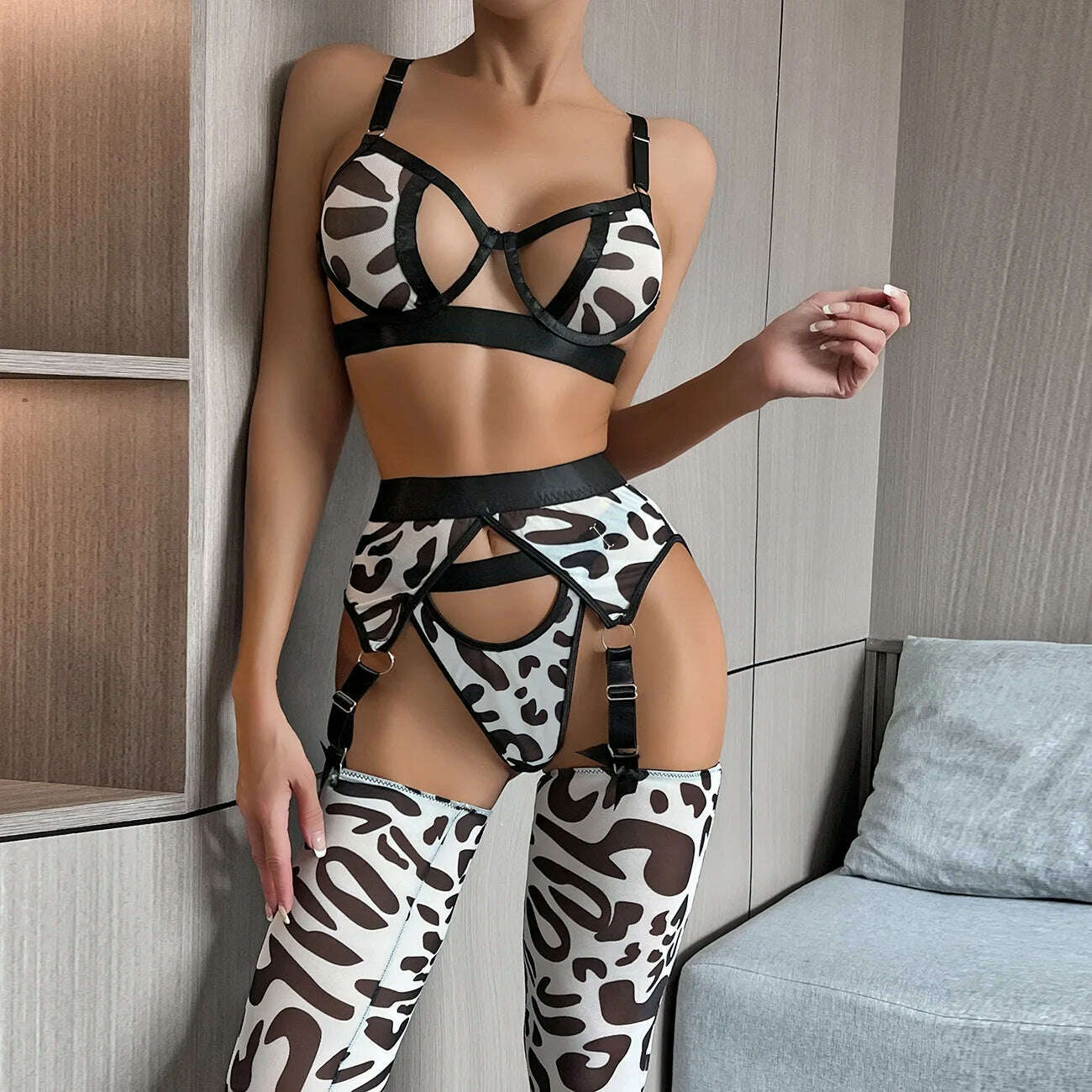 KIMLUD, Ellolace Leopard Lingerie With Stocking Cut Out Bra Sensual Brief Sets 4-Piece See Through Lace Fancy Underwear Garter Intimate, KIMLUD Womens Clothes