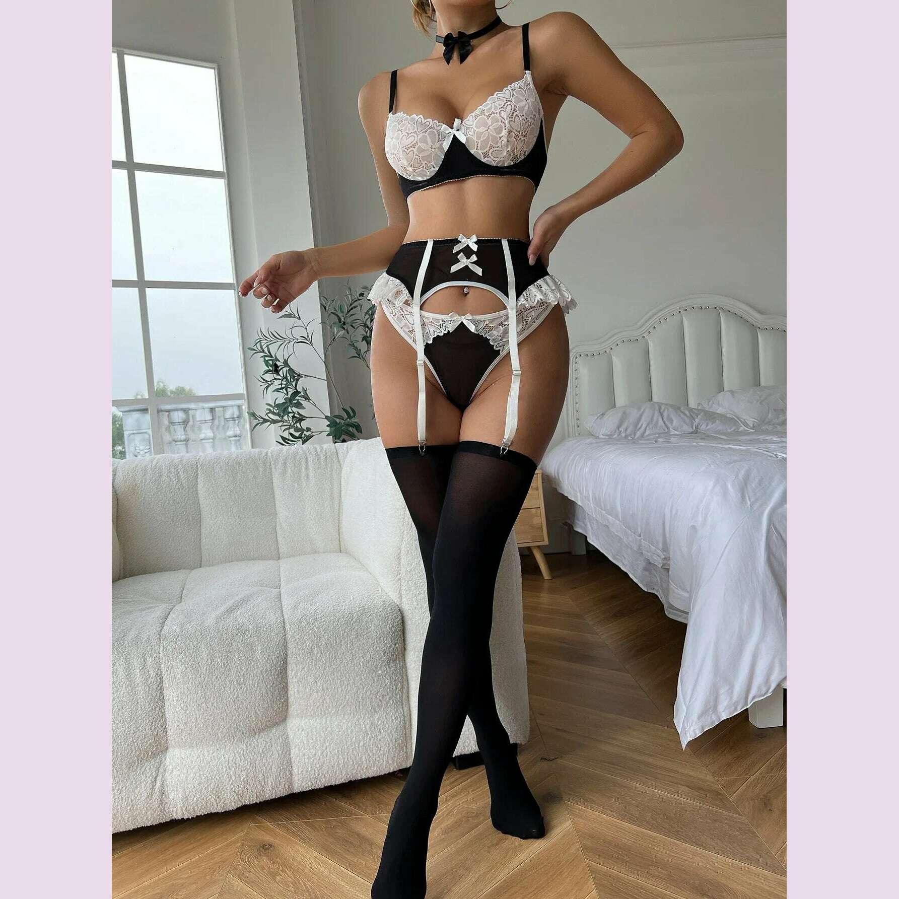 KIMLUD, Ellolace Maid Outfit Lingerie Lace Stocking Underwear Cutey Bowknot Panties With Hairballs See Through Sensual Fancy Exotic Sets, KIMLUD Womens Clothes