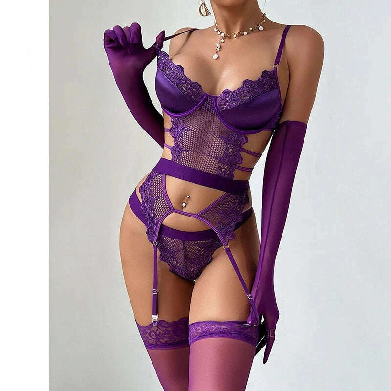 KIMLUD, Ellolace Purple Erotic Lingerie Complete Sexy Outfits Sissy G-String Thongs Lace Sex Costume Stockings Fantasy Adult Babydoll, KIMLUD Womens Clothes