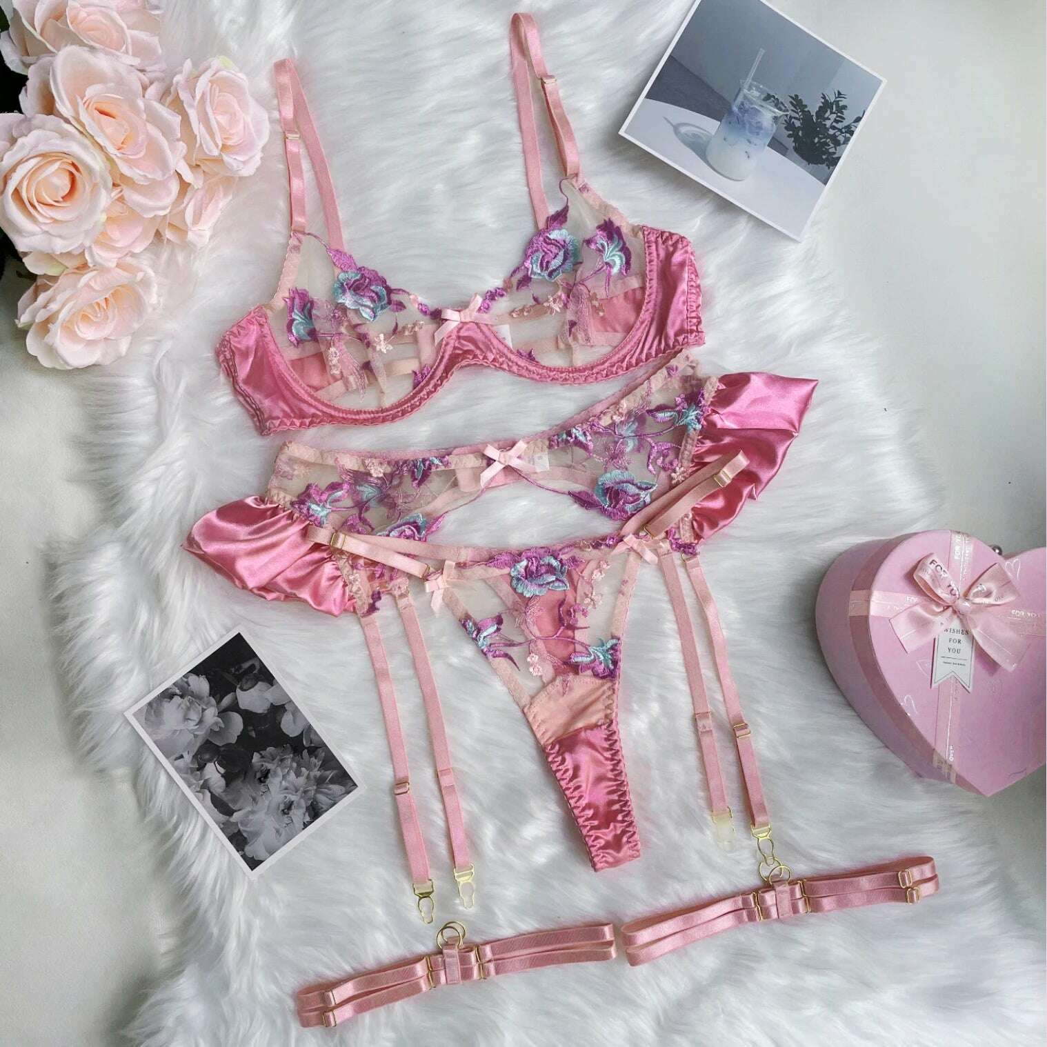 Ellolace Ruffle Erotic Lingerie Floral Intimate Set Transparent Lace Sexy Fantasy Underwear Luxury Attractive Pushup Bra Outfits - KIMLUD