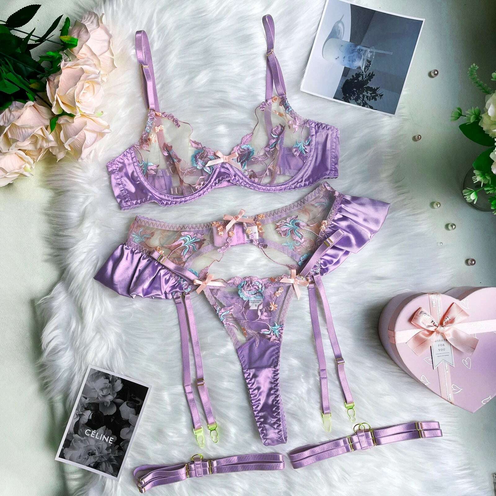 Ellolace Ruffle Erotic Lingerie Floral Intimate Set Transparent Lace Sexy Fantasy Underwear Luxury Attractive Pushup Bra Outfits - KIMLUD