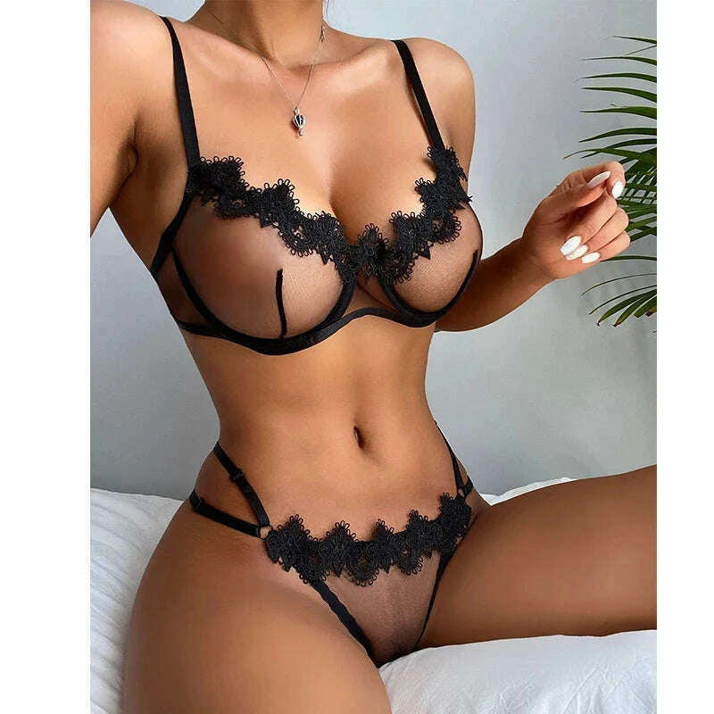 KIMLUD, Ellolace Sensual Lingerie Woman Transparent Lace Exotic Costumes Sheer Porn Intimate 2-Piece Underwire Bra Thongs Sexy Outfit, Black / S, KIMLUD APPAREL - Womens Clothes