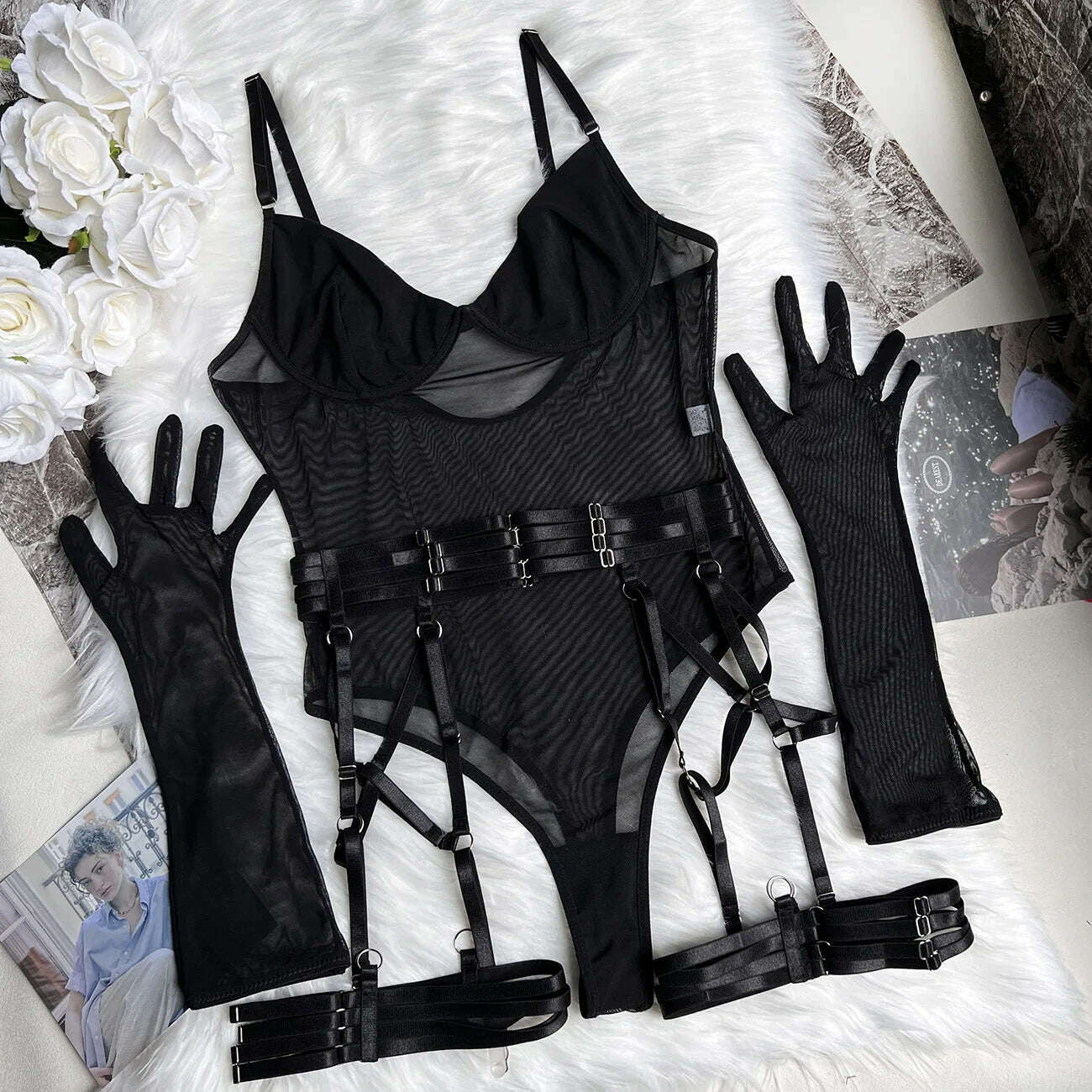 KIMLUD, Ellolace Tight Fitting Lace Bodysuit Sexy See Through Body With Gloves Garter Night Club Outfit Sissy Crotchless Mesh Top, Black / S, KIMLUD APPAREL - Womens Clothes