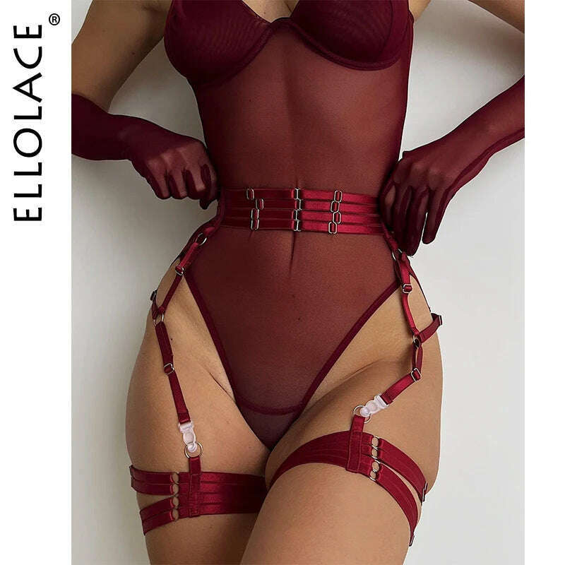 KIMLUD, Ellolace Tight Fitting Lace Bodysuit Sexy See Through Body With Gloves Garter Night Club Outfit Sissy Crotchless Mesh Top, KIMLUD Womens Clothes