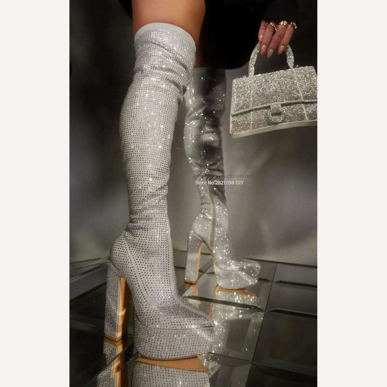 KIMLUD, Embellished Silver Crystal Thick Platform Block Heeled Over The Knee Boots Women Lightly Padded Thigh High Long Boot, as showed color / 35, KIMLUD APPAREL - Womens Clothes