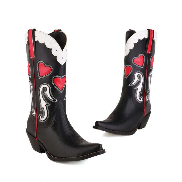 KIMLUD, Embroidered Western Boots For Women Heart Shaped Fashion Cowboy Cowgirl Boots Handmake Retro Vintage Shoes 2022 Winter Autumn, Style 3 / 5, KIMLUD APPAREL - Womens Clothes