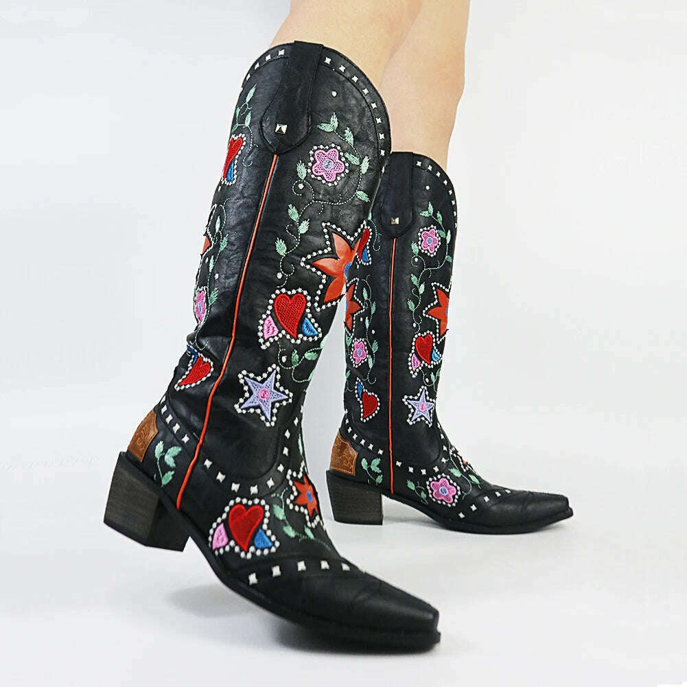 KIMLUD, Embroidered Western Boots For Women Heart Shaped Fashion Cowboy Cowgirl Boots Handmake Retro Vintage Shoes 2022 Winter Autumn, Style 6 Black / 5, KIMLUD APPAREL - Womens Clothes