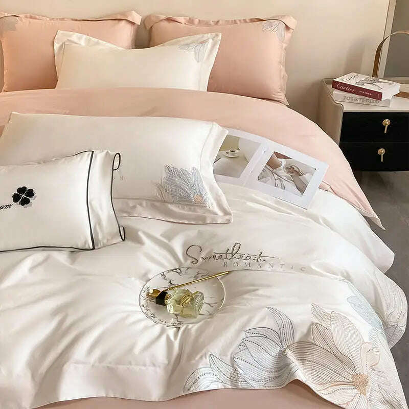 KIMLUD, Embroidery 100% Cotton Bedding Set Luxury Home Textile Duvet Cover Set 220x240 High End Hepburn Style Skin Friendly Bedding Sets, 1 / US Full Size 4 pcs, KIMLUD APPAREL - Womens Clothes