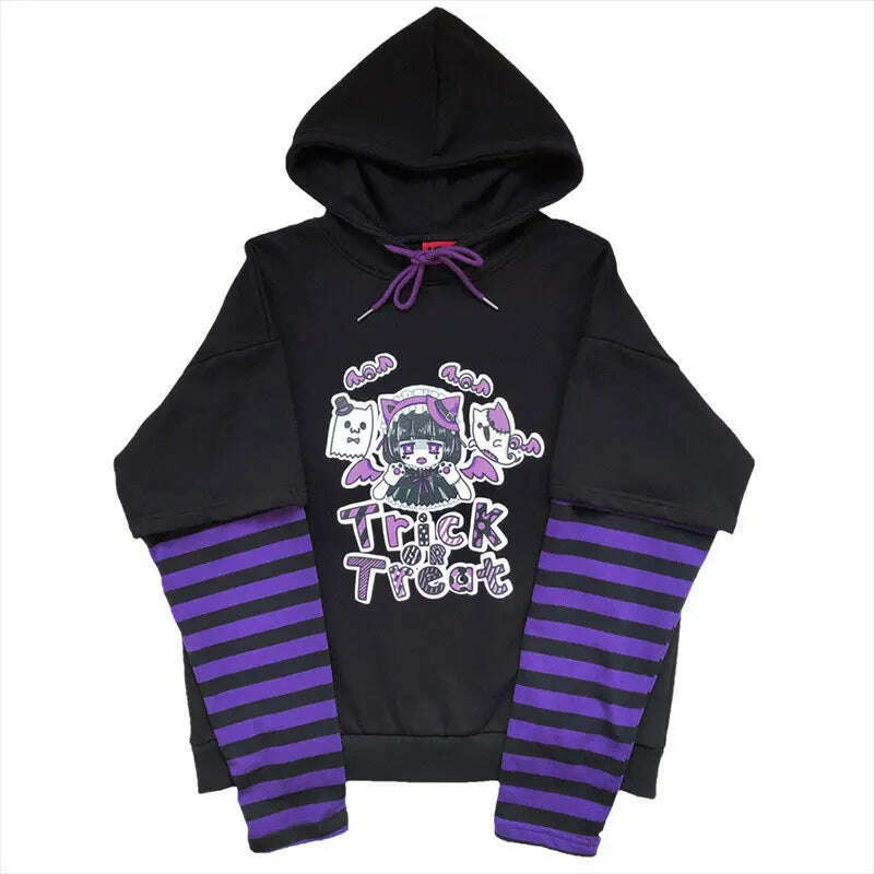 KIMLUD, Emo Sweatshirt Hoodie Women Cartoon Goth Aesthetic Hooded Sweatshirt Teen Spring Fairy Grunge Striped Y2k Clothes Egirl Alt Top, Purple / S, KIMLUD APPAREL - Womens Clothes