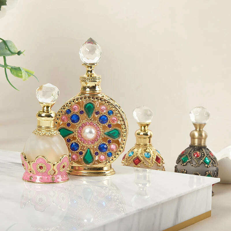 KIMLUD, Enamel Painted Perfume Bottle 12/15ml Empty Vintage European Court Style Flower Pattern Hollow-out Refillable Crystal Cap Gift, KIMLUD Womens Clothes