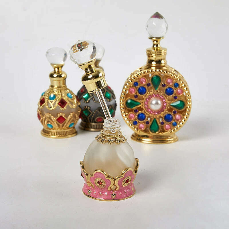 KIMLUD, Enamel Painted Perfume Bottle 12/15ml Empty Vintage European Court Style Flower Pattern Hollow-out Refillable Crystal Cap Gift, KIMLUD Womens Clothes