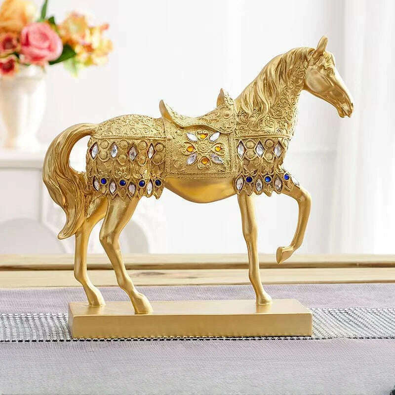 ERMAKOVA Retro War Horse Resin Golden Trotting Horse Statue Animal Sculpture Figurine Miniature Home Office Study Room Decor - KIMLUD