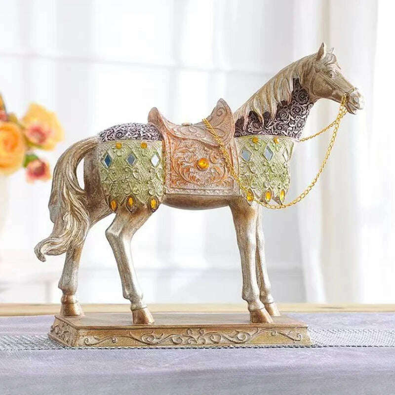 ERMAKOVA Retro War Horse Resin Golden Trotting Horse Statue Animal Sculpture Figurine Miniature Home Office Study Room Decor - KIMLUD