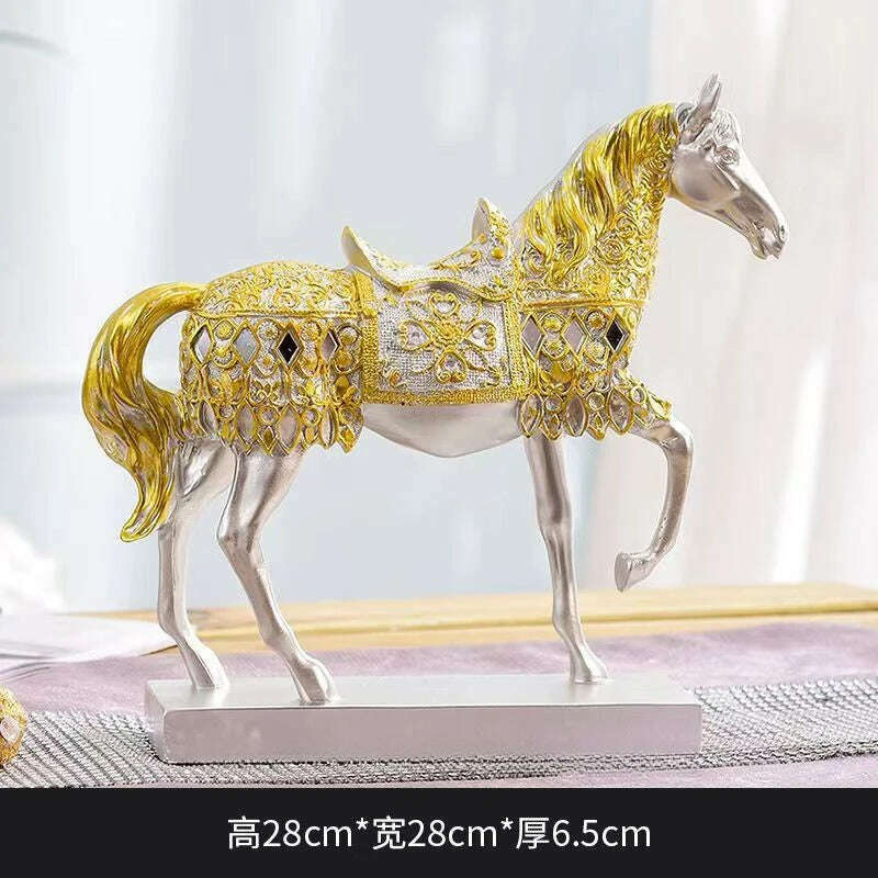 ERMAKOVA Retro War Horse Resin Golden Trotting Horse Statue Animal Sculpture Figurine Miniature Home Office Study Room Decor - KIMLUD