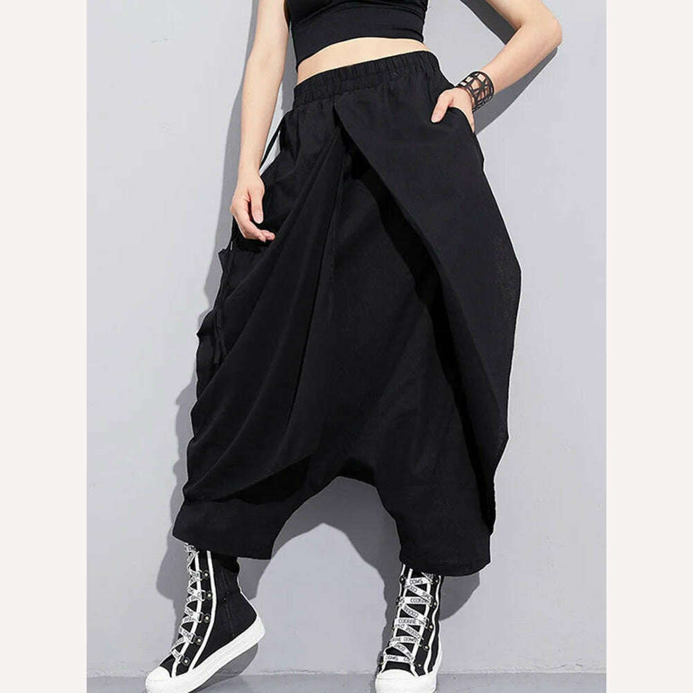 KIMLUD, Eshin High Elastic Waist Black Irregular Long Harem Pants New Loose Fit Trousers Women Fashion Elegant Autumn Autumn 2023 TH496, Black / One Size, KIMLUD APPAREL - Womens Clothes