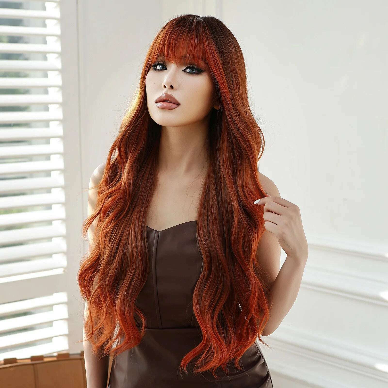 ESIN Red Brown Wavy Synthetic Wigs with Bangs Long Natural Wave Wig for Women Halloween Cosplay Party Colored Wig Heat Resistant - KIMLUD