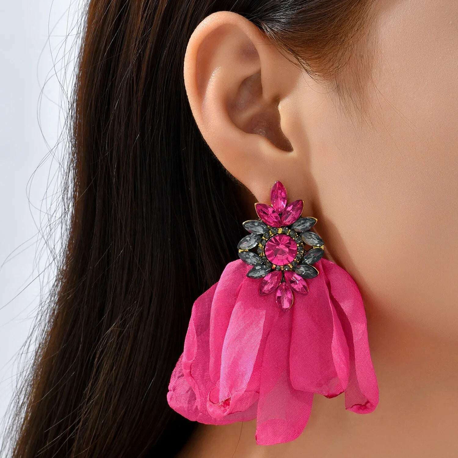 KIMLUD, Ethnic Beach Jewelry Bohemia Fabric Handmade Flower Earrings For Women Rhinestone Geometry Dangle Earring Bijoux Accessories, Rose Red, KIMLUD APPAREL - Womens Clothes