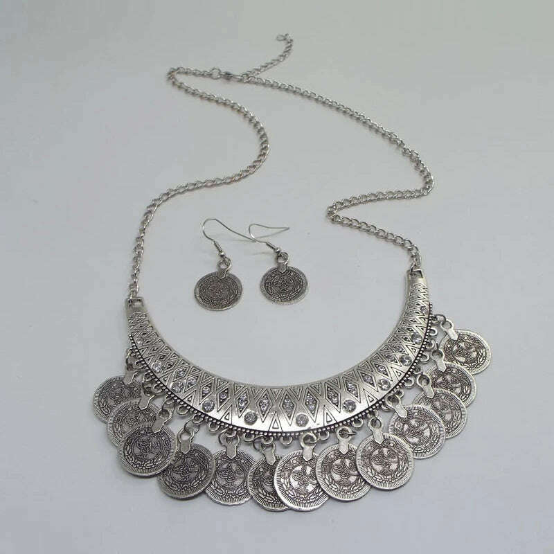 Ethnic Gypsy Tribal Boho Choker Necklaces For Women Vintage Statement Coin Tassel Rhinestone Necklace Earrings Jewelry Sets - KIMLUD