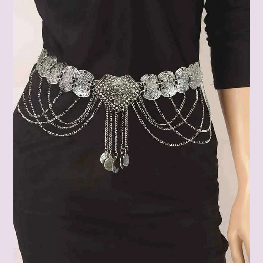 Ethnic Vintage Metal Belly Chains for Women Dancing Dress Belt Waist Chain Geometric Coin Long Tassel Indian Body Jewelry Chain - KIMLUD