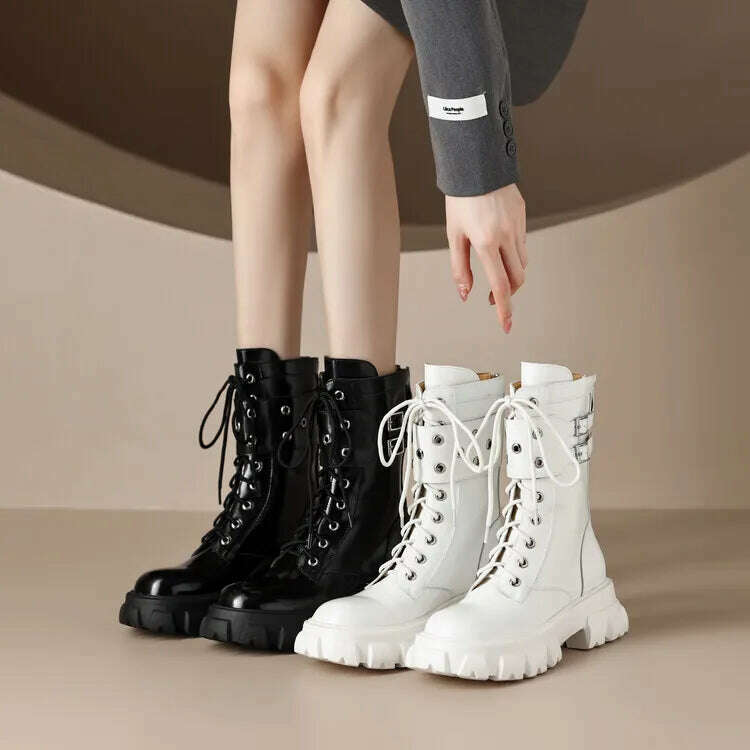 KIMLUD, Euro Fashion Women Platform Riding Boots Black Leather Winter Motorcycle Botas White Punk Cowboy Botines Mujer Sapatos Femmes, KIMLUD Womens Clothes