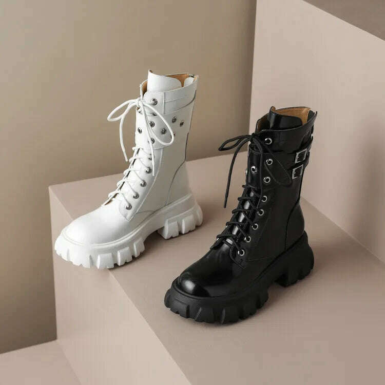 KIMLUD, Euro Fashion Women Platform Riding Boots Black Leather Winter Motorcycle Botas White Punk Cowboy Botines Mujer Sapatos Femmes, KIMLUD Womens Clothes