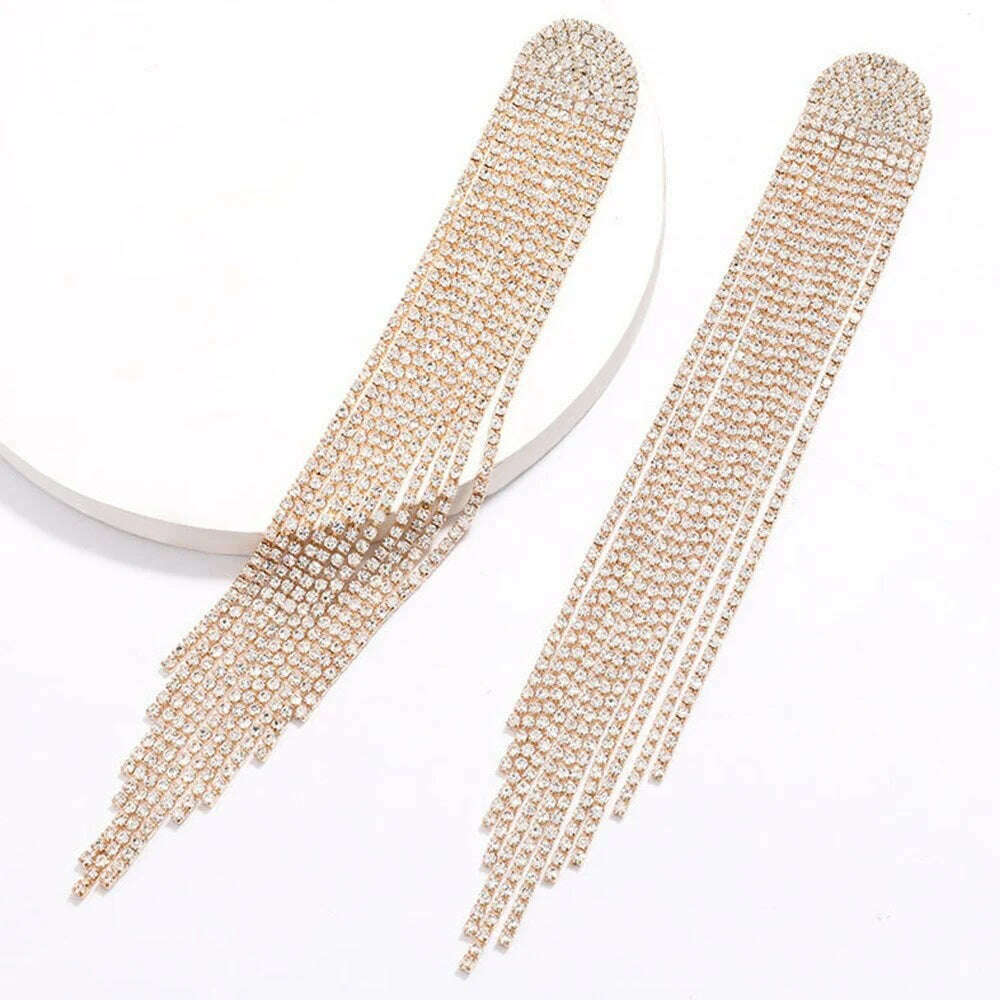 Europe And America New Exaggerated Full Rhinestone Tassel Earrings For Women Party Wedding Statement Jewelry Long Earings Gifts - KIMLUD