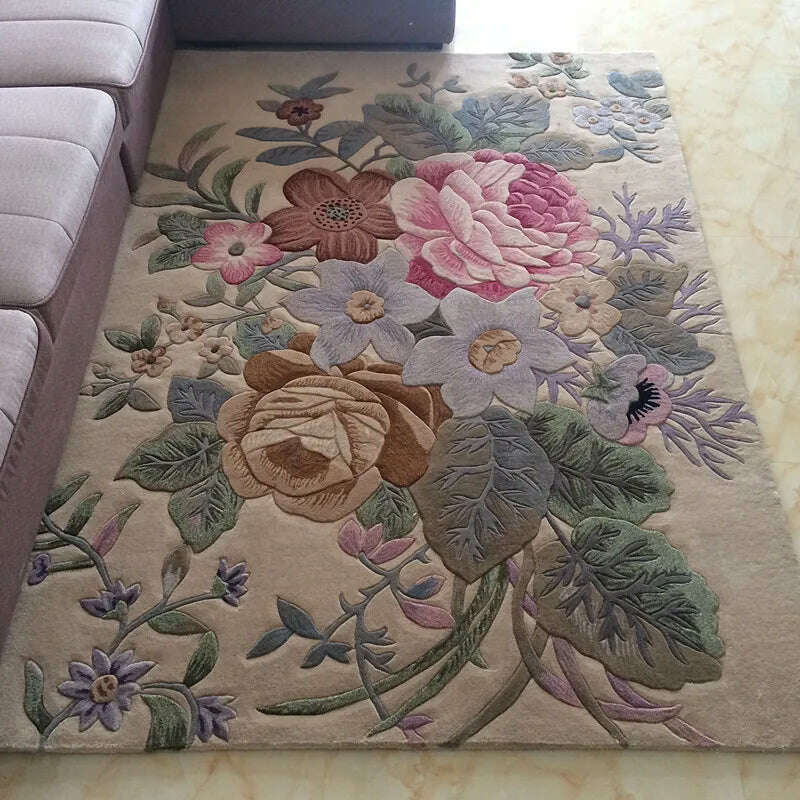 KIMLUD, Europe Handmade Wool Carpet for Living Room 3D Hand Carved Rug Thick Carpet Bedroom Sofa Table Floor Mat Study Retro Flower Rug, 1 / 120x170cm, KIMLUD APPAREL - Womens Clothes