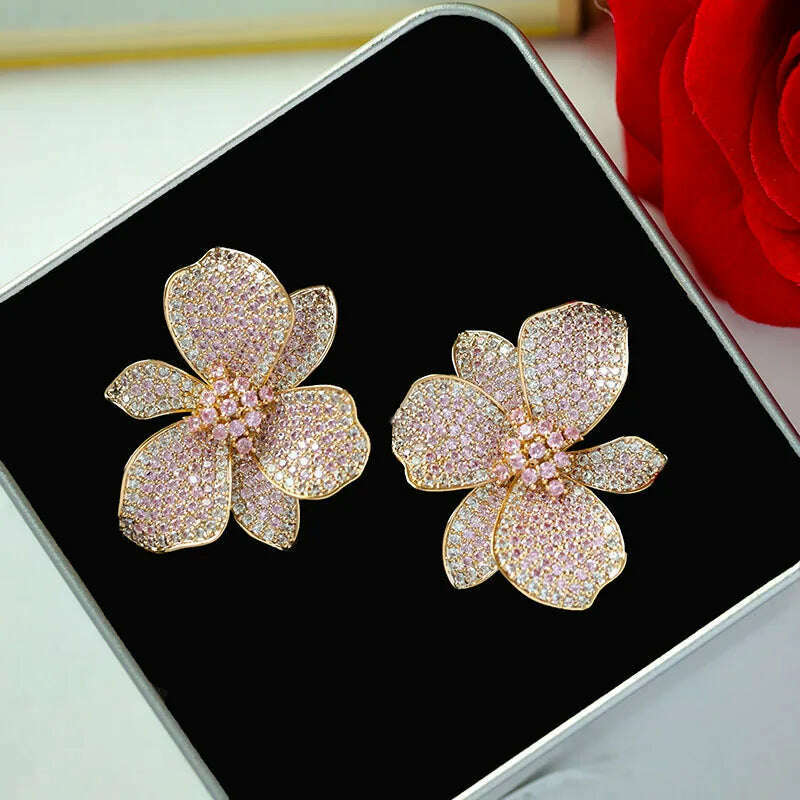 Europe hot fashion jewelry 18K gold plated copper zircon exaggerated flower earrings luxury women&#39;s wedding party accessories - KIMLUD