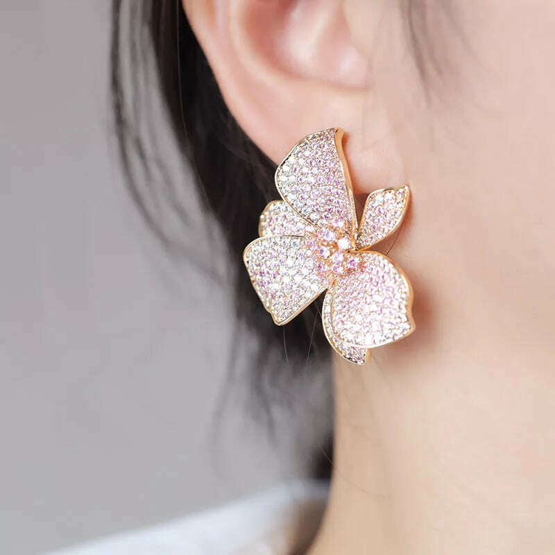 KIMLUD, Europe hot fashion jewelry 18K gold plated copper zircon exaggerated flower earrings luxury women&#39;s wedding party accessories, pink, KIMLUD APPAREL - Womens Clothes