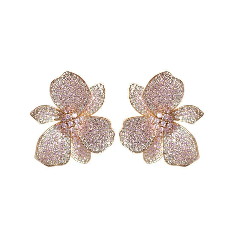 KIMLUD, Europe hot fashion jewelry 18K gold plated copper zircon exaggerated flower earrings luxury women&#39;s wedding party accessories, KIMLUD Womens Clothes