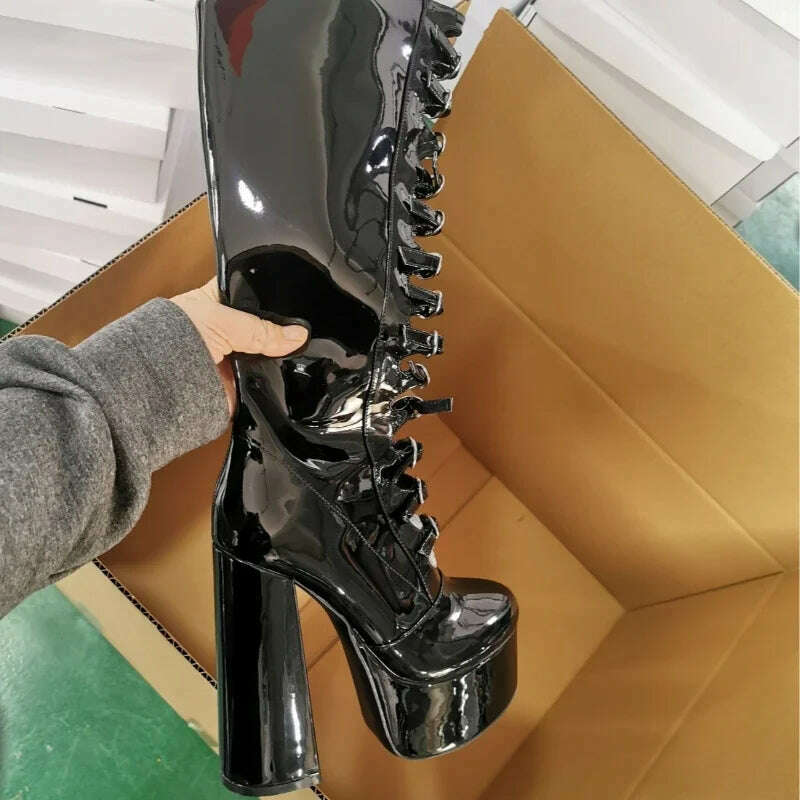 European and American Punk Style Spicy Girl Black Leather Buckle Thick Heel Cool Boots for Women Sexy Hollow Knight Boots - KIMLUD