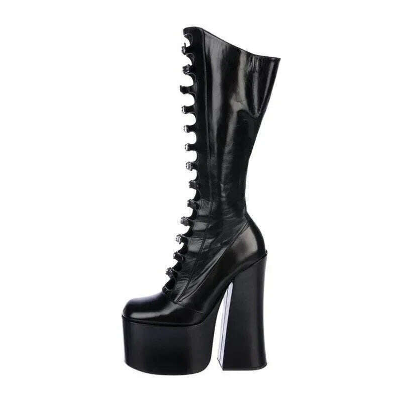 KIMLUD, European and American Punk Style Spicy Girl Black Leather Buckle Thick Heel Cool Boots for Women Sexy Hollow Knight Boots, 81402Black1 / 43, KIMLUD APPAREL - Womens Clothes