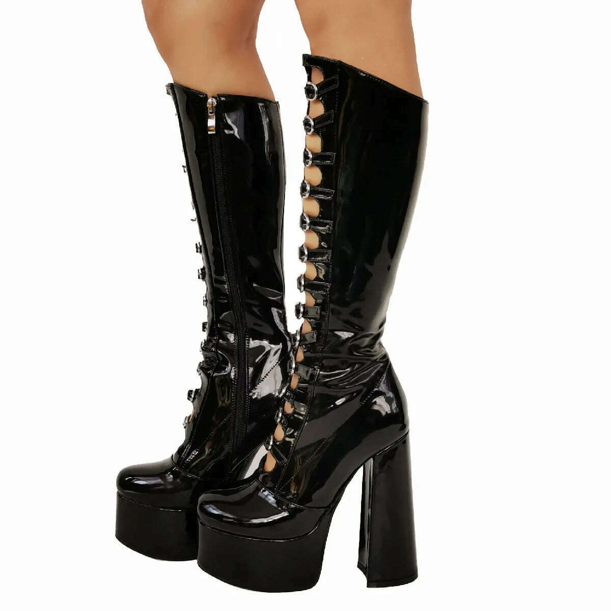 European and American Punk Style Spicy Girl Black Leather Buckle Thick Heel Cool Boots for Women Sexy Hollow Knight Boots - KIMLUD