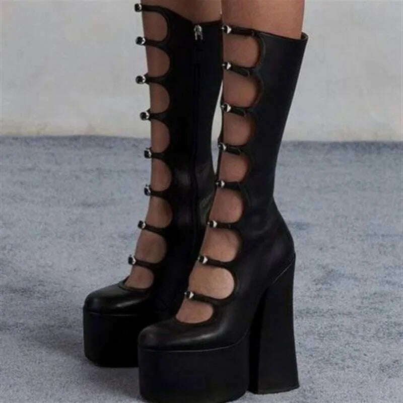 KIMLUD, European and American Punk Style Spicy Girl Black Leather Buckle Thick Heel Cool Boots for Women Sexy Hollow Knight Boots, KIMLUD Womens Clothes