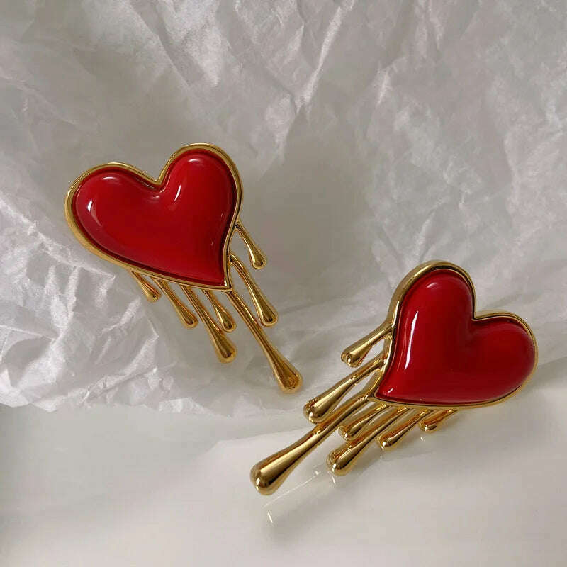 KIMLUD, European And American Retro Creative Melting Peach Heart Simple Red Earrings Female, KIMLUD Womens Clothes