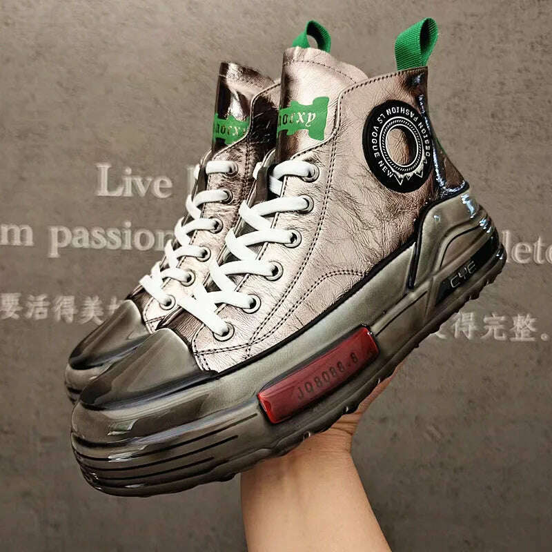 European Cowhide High Top Shoes Trend Korean Thick Sole Men's Shoes Versatile Casual Shoes Autumn and Winter Fashion New Style - KIMLUD