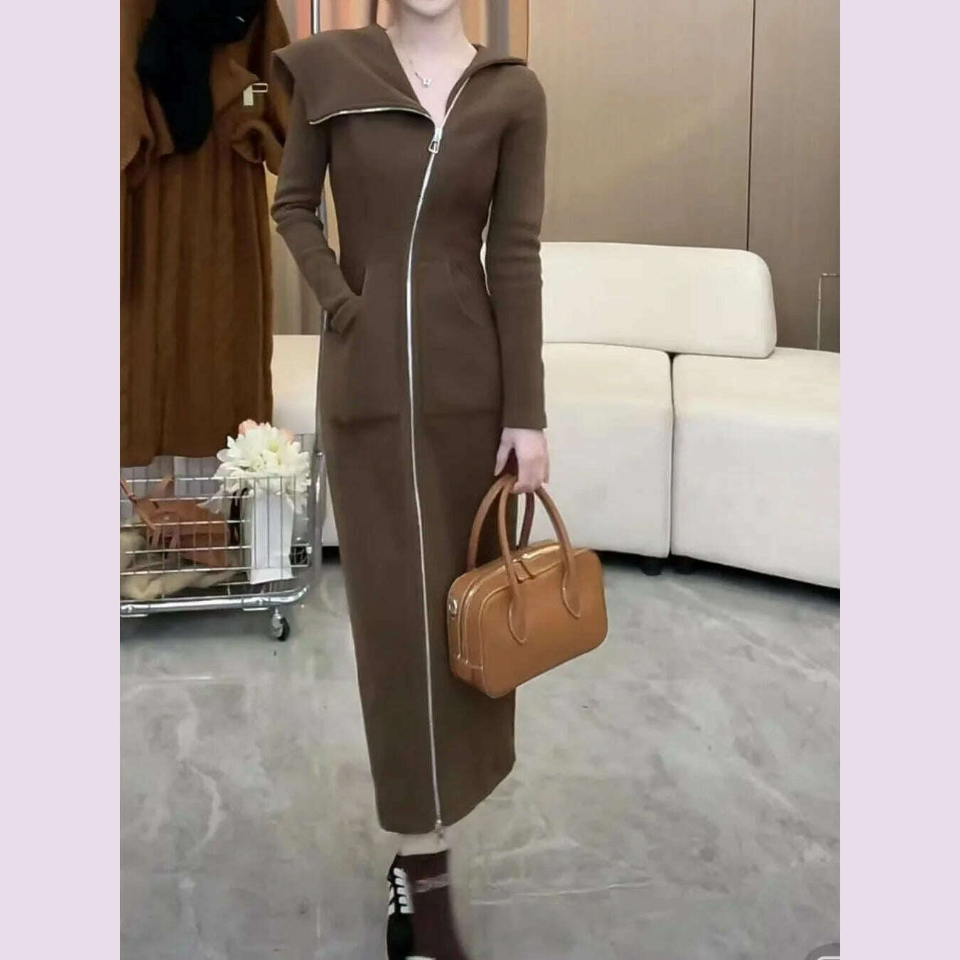 KIMLUD, European Spring and Autumn Fashion Hooded Women's Dress Slim Fit Long High Waist Long Dress, KIMLUD Womens Clothes