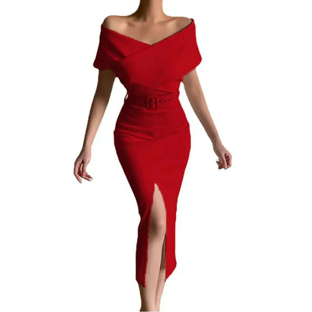 KIMLUD, Evening Dress  Belt   Party Dress Front Split Hem Slim Fit Evening Midi Dress, Red / L / CHINA, KIMLUD APPAREL - Womens Clothes