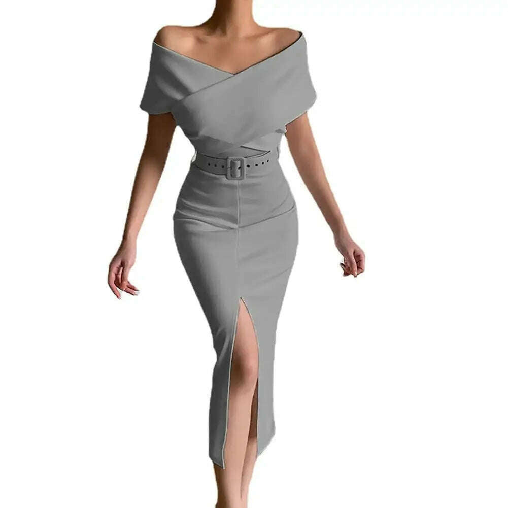 KIMLUD, Evening Dress  Belt   Party Dress Front Split Hem Slim Fit Evening Midi Dress, Grey / L / CHINA, KIMLUD APPAREL - Womens Clothes