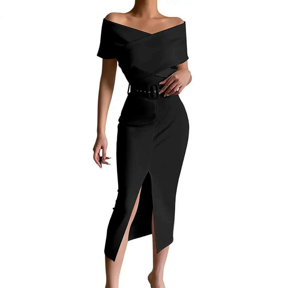 KIMLUD, Evening Dress  Belt   Party Dress Front Split Hem Slim Fit Evening Midi Dress, black / L / CHINA, KIMLUD APPAREL - Womens Clothes