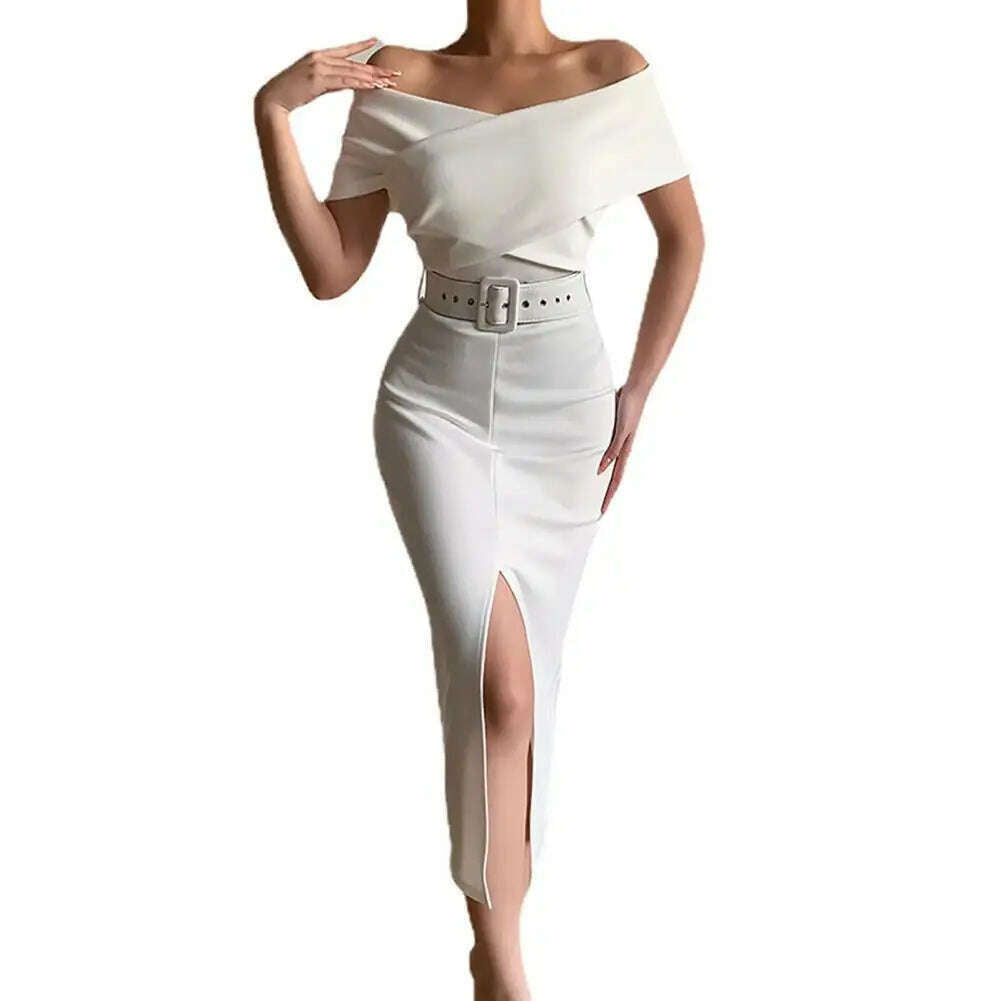 KIMLUD, Evening Dress  Belt   Party Dress Front Split Hem Slim Fit Evening Midi Dress, WHITE / L / CHINA, KIMLUD APPAREL - Womens Clothes