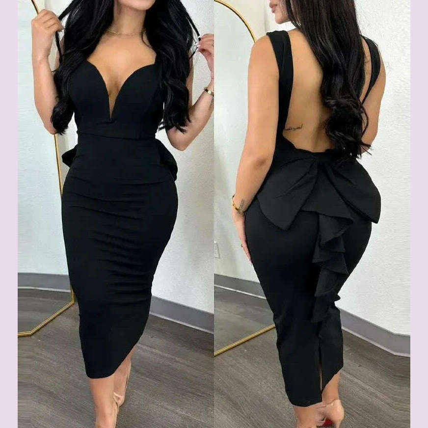 Evening Dresses for Women 2024 Sexy Woman Clothing Backless Deep V Bow Elastic Split Fashion Elegant Hip Wrap Midi Bodycon Dress - KIMLUD