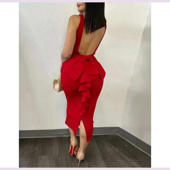 KIMLUD, Evening Dresses for Women 2024 Sexy Woman Clothing Backless Deep V Bow Elastic Split Fashion Elegant Hip Wrap Midi Bodycon Dress, KIMLUD Womens Clothes