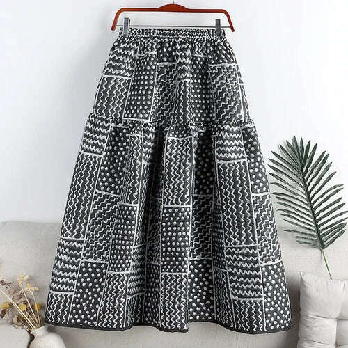 KIMLUD, [EWQ] Chic 3D Print Skirts Vintage High Waist Elastic Autumn Long A-line Skirt Casual Women Vintage Big Hem Print Clothes 6R1486, Black / One Size, KIMLUD APPAREL - Womens Clothes